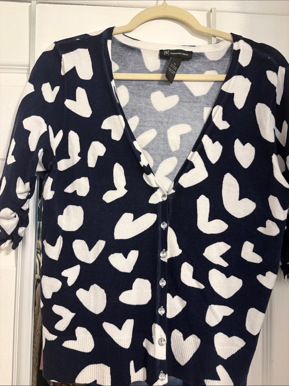 INC International Concepts Navy and White Heart Print Cardigan PtP 19-23 L 23